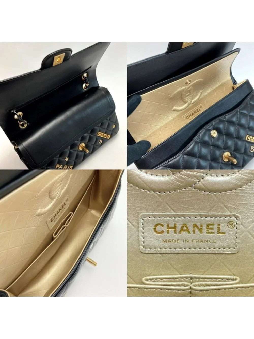 Chanel Quilted Double Flap Icon Charm Chain Shoulder Bag Black Lambskin